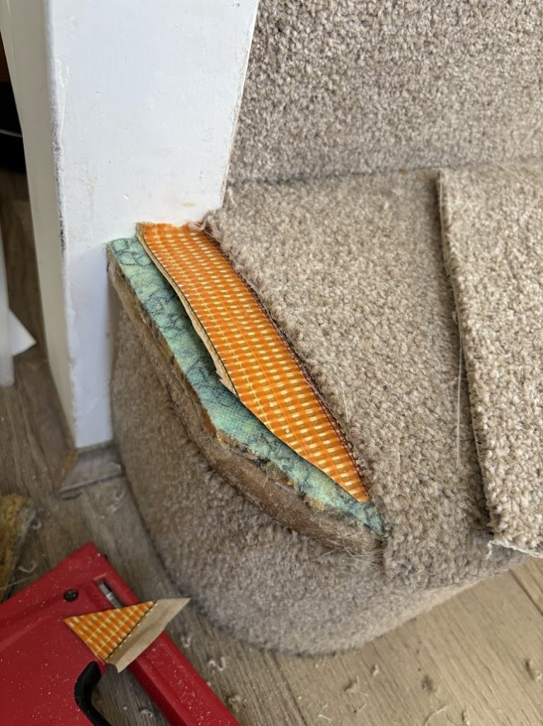 edge of a carpet damaged on stairs.